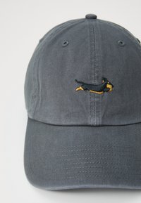 Gray cotton cap with a curved brim, featuring a black and yellow embroidered dog design on the front. Textured fabric surface.