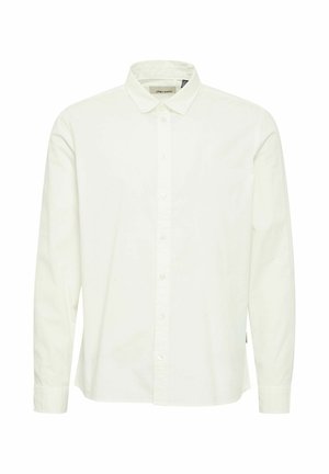 Balta medvilninė ilgomis rankovėmis marškiniai su mygtukų apykakle, priekiniais sagomis ir mygtukais ant rankovių; turi subtilų tekstūruotą paviršių.