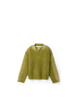 Groene fuzzy trui van zacht materiaal, met een geribbelde ronde hals en lange mouwen, met een iets verkorte onderrand.