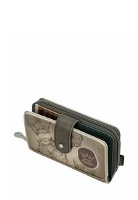 Monedero con cremallera en beige con una superficie texturizada. Presenta un cierre de correa gris y múltiples compartimentos para tarjetas y efectivo en varios colores.