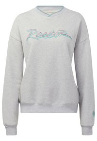 Grå sweatshirt med V-ringning, ribbade ärmslut och nederkant. Har en flerfärgad "Reebok"-logotyp på framsidan. Mjuk textur, avslappnad passform.