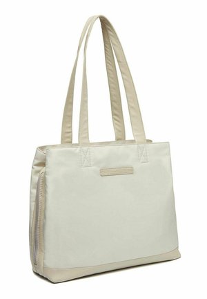 Borsa tote in tessuto beige chiaro con due lunghe maniglie, forma rettangolare, sottili dettagli cuciti e una tasca laterale con zip.
