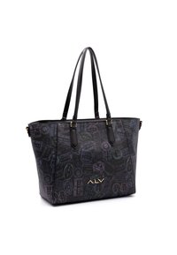 Sac fourre-tout noir en matériau synthétique, orné d'un imprimé de timbres de voyage colorés. Accent logo doré près de la base, poignées doubles.