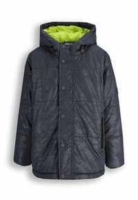 Granatowa, ocieplana kurtka zimowa z czarnymi guzikami, zamykanymi na zamek błyskawiczny kieszeniami po bokach oraz kapturem wyłożonym jasną limonkową tkaniną.