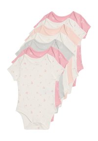 Set aus sieben Babybodysuits in verschiedenen Schattierungen von Pink, Grau und Weiß. Mit kurzen Ärmeln, runden Ausschnitten und floralem Druck.