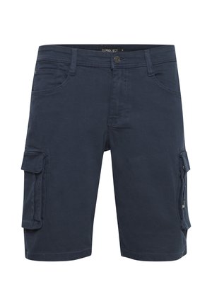Dunkelblaue Cargoshorts aus Baumwolle. Sie verfügen über zwei Seitentaschen und eine kleine Tasche mit Aufnäher, mit abgesteppten Details und einem Knopfverschluss.