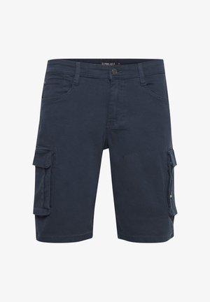 Temno mornarsko modre bombažne cargo kratke hlače. Vključujejo dva stranska žepa in majhen žep z aplikacijo, šivane podrobnosti ter zapenjanje na gumb.
