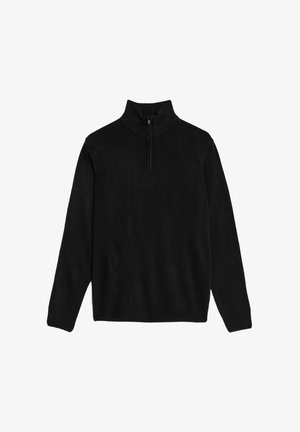 Schwarzer Pullover, ausgestattet mit einem Reißverschlusskragen, langen Ärmeln und einer weichen, strukturierten Oberfläche. Einfaches, klassisches Design ohne Muster.