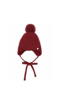 Cappello lavorato a maglia rosso con una parte superiore arrotondata, caratterizzato da un pompon, alette per le orecchie e legature regolabili. Tessuto morbido, piccolo logo dettagliato su un lato.