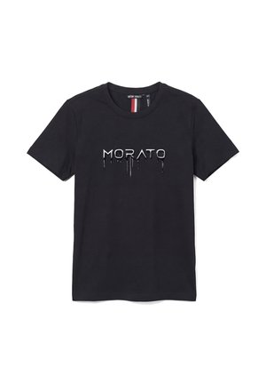 Zwart T-shirt met korte mouwen, ronde hals en zilveren "MORATO" tekst met druppelende verf-effect over de borst.