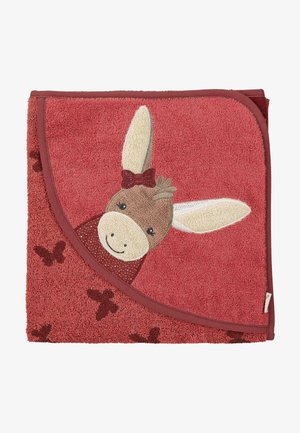 Rotes Handtuch mit einem weichen Eseldesign und einer Schleife, hervorgehoben durch texturierte Ohren und gepunktete Details, umrandet mit einem einfarbigen Saum.