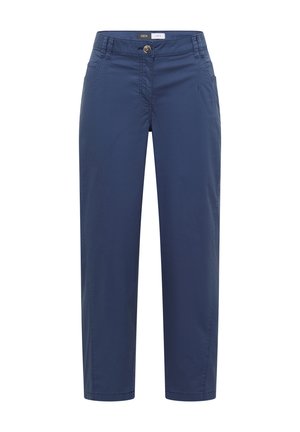 Marineblaue geradlinige Hose mit Knopfverschluss, Gürtelschlaufen und vorderen Taschen, entworfen für legere oder professionelle Kleidung.