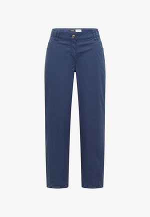 Pantalon bleu marine à jambes droites avec fermeture à bouton, passants pour ceinture et poches avant, conçu pour un usage décontracté ou professionnel.