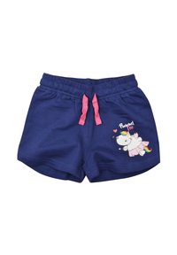 Pantaloni corto blu navy con una texture morbida, vita elastica e laccetti rosa. Presentano una grafica di un unicorno con una tutù rosa e accenti colorati.