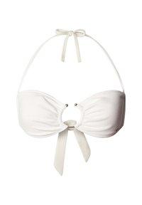 Bílý texturovaný bandeau bikinový top s vázáním za krk, středním výřezem a látkovým uzlem uprostřed přední části.