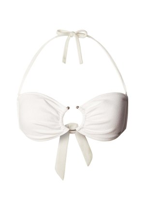 Weiß texturiertes Bandeau-Bikinioberteil mit Neckholder, zentralem Ausschnitt und Stoffknotendetail in der Mitte vorne.