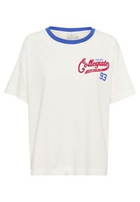 White cotton t-shirt with a blue ribbed neckline and red "Collegiate Champion Est. 93" graphic detail on the front. Short sleeves.