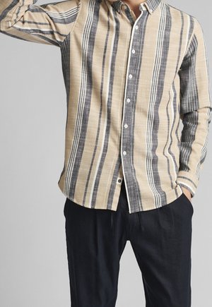 Mand iført beige, grå og hvide lodrette stribede knap-op skjorte med sorte bukser, den ene hånd løftet og den anden i lommen.