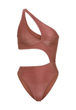 One-shoulder bikini in metallic rose color, featuring cut-out detail, seamless edges, and smooth, shiny fabric with subtle shimmer.