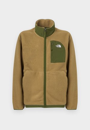 Įdegio spalvos džinsinis džemperis su užtrauktuku, alyvuogių žalia apdaila ir krūtinės kišeniu su The North Face logotipu.