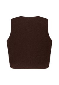 Bruine fleecevest met hoge hals, mouwloos ontwerp en een gestructureerd oppervlak. Geen zichtbare hardware of patronen aan de achterkant.