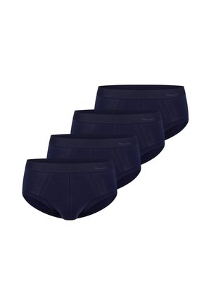 Quattro slip da uomo blu navy disposti in una leggera fila diagonale su sfondo bianco.
