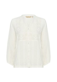 Blusa bianca con scollo a V, chiusura con bottoni e maniche lunghe. Presenta un tessuto testurizzato con motivi sottili e delicati dettagli ricamati.