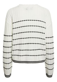 Biały sweter dziany z pionowym prążkowaniem i poziomymi czarnymi paskami. Posiada okrągły dekolt oraz ściągacze na dole i przy mankietach.
