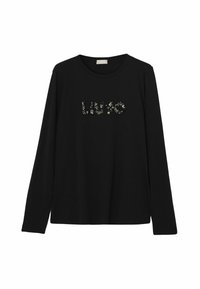 Maglietta nera a maniche lunghe in materiale morbido con logo “LIKO” decorato con perline sul petto, collo rotondo e vestibilità comoda.