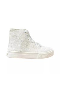 Sneaker alte bianche con ricami floreali, parte superiore in tessuto, design con lacci, punta rotonda e suola in gomma testurizzata con marchio.