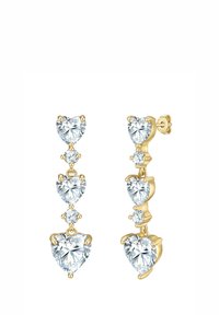 Złote kolczyki w formie kropli z trzema sercami z przezroczystymi kryształami i dwoma mniejszymi okrągłymi kryształami, o błyszczącej powierzchni i eleganckim wzornictwie.