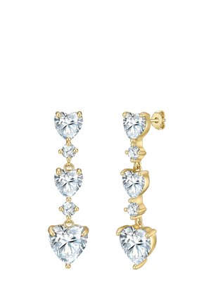 Pendientes de gota en tono dorado que presentan tres cristales transparentes en forma de corazón y dos cristales redondos más pequeños, con un acabado brillante y un diseño elegante.