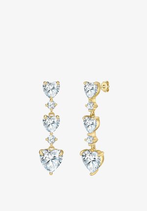 Auksinės spalvos kabančios auskarai su trimis širdelės formos skaidriais kristalais ir dviem mažesniais apvaliais kristalais, blizgiu paviršiumi ir elegantišku dizainu.