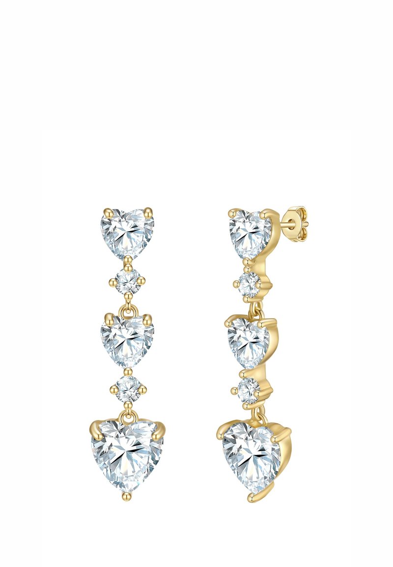 Złote kolczyki w formie kropli z trzema sercami z przezroczystymi kryształami i dwoma mniejszymi okrągłymi kryształami, o błyszczącej powierzchni i eleganckim wzornictwie.