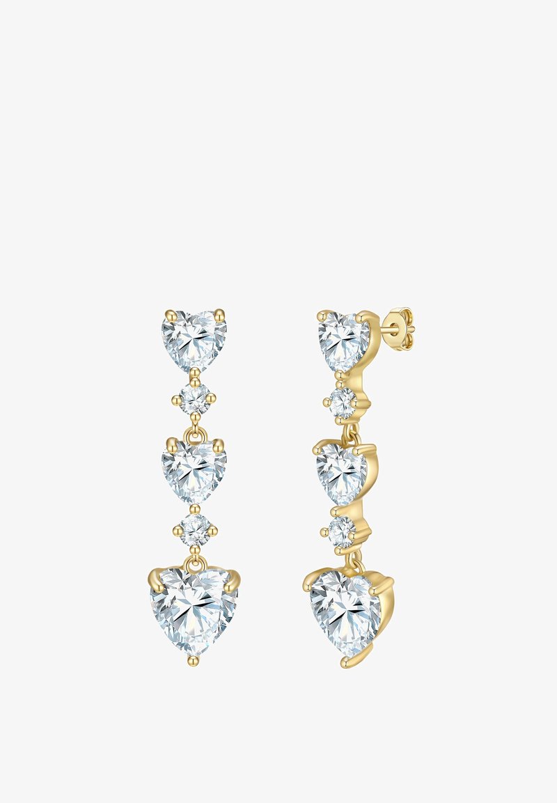 Złote kolczyki w formie kropli z trzema sercami z przezroczystymi kryształami i dwoma mniejszymi okrągłymi kryształami, o błyszczącej powierzchni i eleganckim wzornictwie.