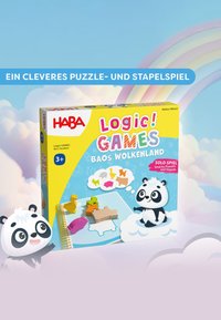 HABA Logic! Games Baos Wolkenland, a colorful puzzle game box featuring animal-shaped pieces, a blue backdrop, and panda graphics.