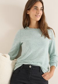Hellmintgrüner, langärmliger Pullover aus weichem Stoff, mit Rundhalsausschnitt und lässiger Passform, kombiniert mit dunklen Jeans und einem flauschigen cremefarbenen Accessoire.