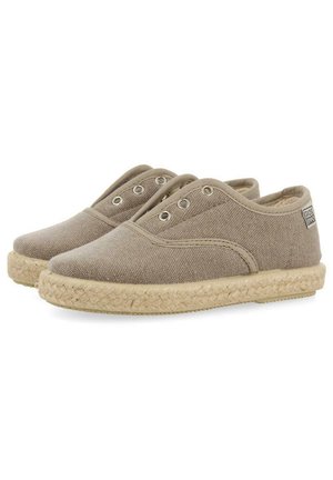Espadrilles en toile beige avec bout rond, design à deux œillets et semelle en jute tressé, dotées d'un dessus texturé et d'une doublure en tissu doux.