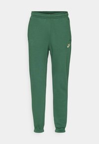 Zelené tepláky s elastickým pasem, postranními kapsami a zlatým logem Nike. Materiál vypadá měkký s hladkým povrchem.