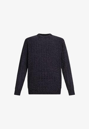 Tume kudumisega sviiter, millel on tekstuuriline muster, ümmargune kaelus ning soonikuga mansetid ja äär. Kangas näeb välja paks ja mugav.