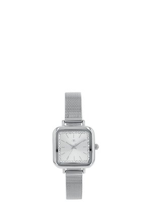 Square silver wristwatch with a mesh metal band and crystal accents around the dial, showing hour, minute, and second hands.