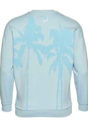 Light blue sweatshirt featuring a palm tree silhouette pattern on the back, with ribbed cuffs and hem, made from soft fabric.
