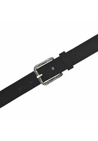 Zwarte leren riem met een gestructureerde zilveren gesp met een kettingontwerp. De riem heeft vijf gaatjes voor verstelbare maat.