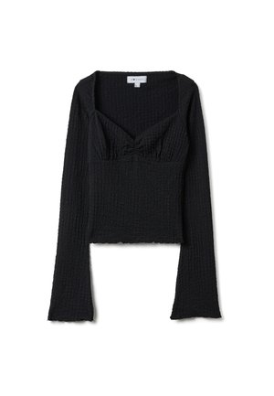 Schwarzes Langarmshirt aus strukturiertem Stoff mit quadratischem Ausschnitt und gerafftem Detail an der Büste, ausgestellten Ärmeln und kurzem Saum.