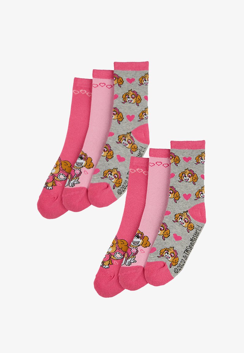 Cuatro pares de calcetines para niños con patrones de perros de dibujos animados, en tonos de rosa y gris; material de algodón suave con acentos de puntas en contraste.