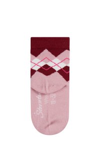 Pink and burgundy sock with an argyle pattern in white and pink diamonds around the cuff.