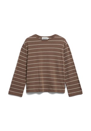 Brown long-sleeve T-shirt with white horizontal stripes, round neckline, and a relaxed fit. Made from soft fabric, features minimal branding.