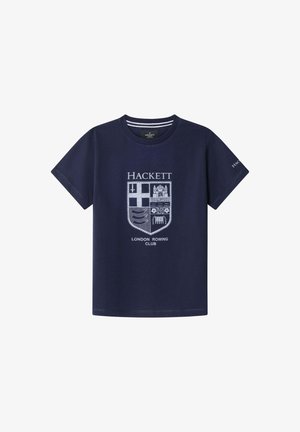Marineblauw T-shirt met korte mouwen met de tekst "Hackett" en "London Rowing Club" en een wapenlogo in het wit aan de voorkant.