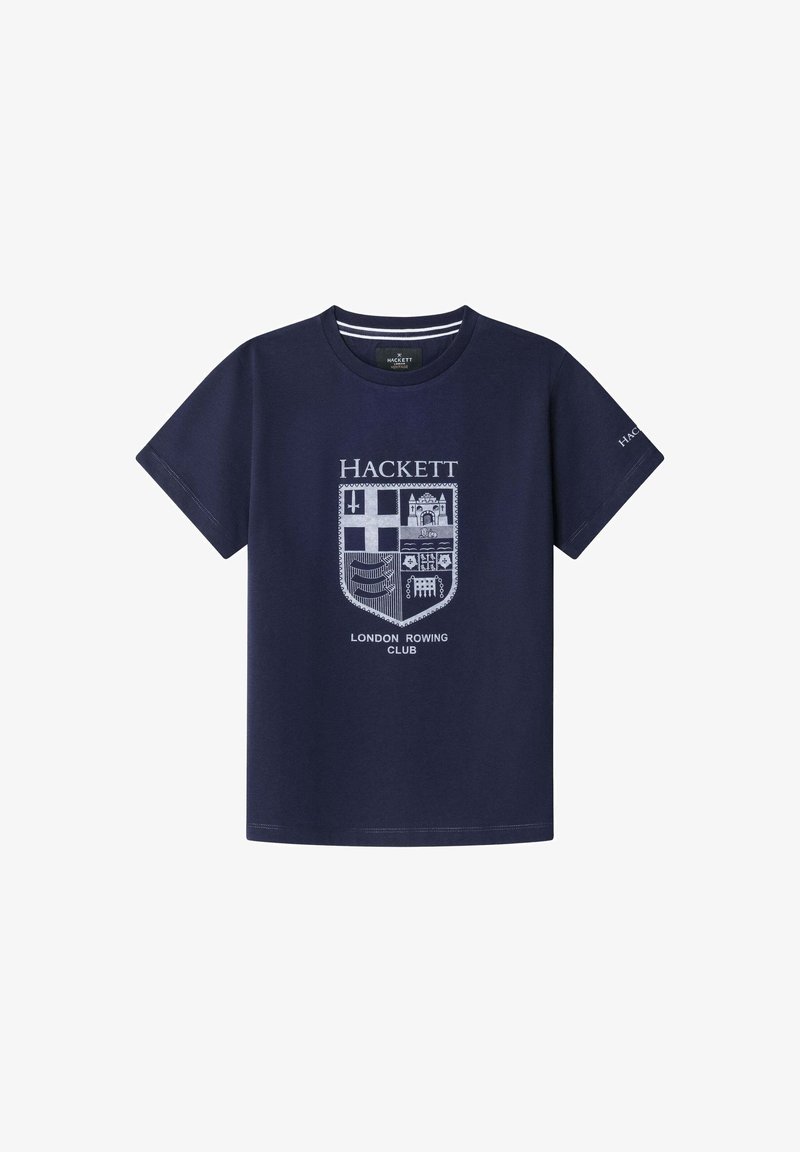 Marineblå kortærmet T-shirt med "Hackett" og "London Rowing Club" tekst samt et våbenskjoldlogo i hvid på forsiden.