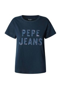 T-shirt blu navy in cotone con logo "PEPE JEANS" in lettere multicolori e testurizzate sul davanti. Design a maniche corte e collo rotondo.